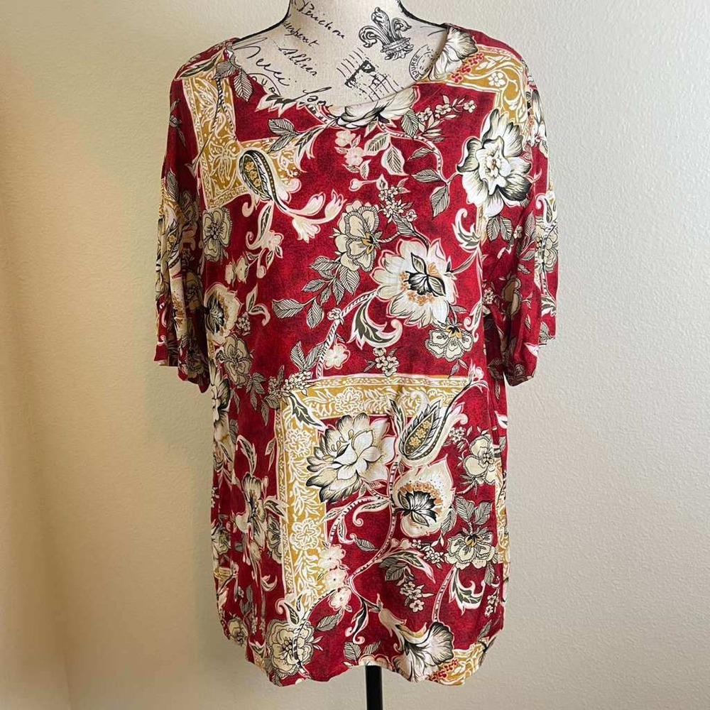 Red Floral Paisley Short Sleeve Tunic Blouse Round Neck Keyhole Back Women L